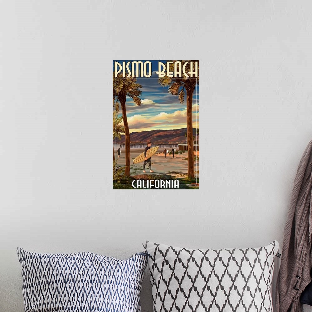 A bohemian room featuring Retro stylized art poster of a surfer holding a surfboard on a beach at sunset. With tall palm tr...