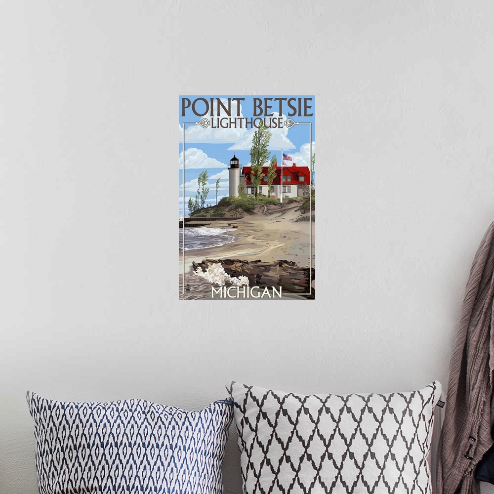 A bohemian room featuring Retro stylized art poster of a lighthouse on a sandy coastline. With a large piece of driftwood i...