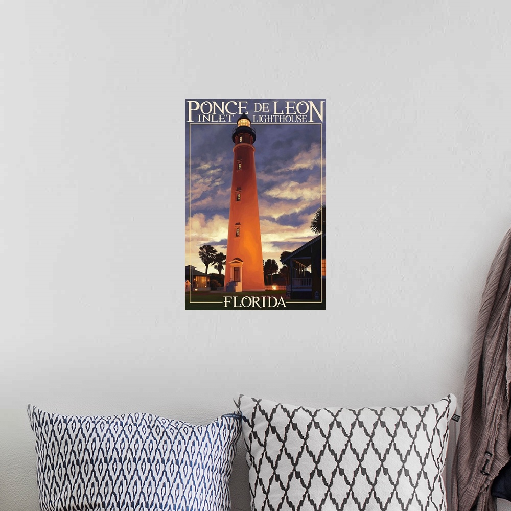 A bohemian room featuring Ponce De Leon Inlet Lighthouse, Florida - Morning Scene: Retro Travel Poster