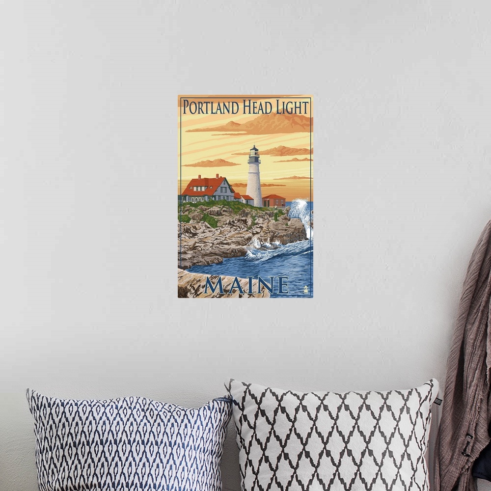 A bohemian room featuring Portland Head Light - Portland, Maine: Retro Travel Poster