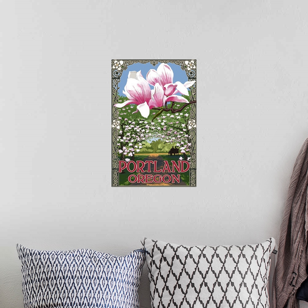 A bohemian room featuring Portland, Oregon - Garden and Magnolia Scene: Retro Travel Poster