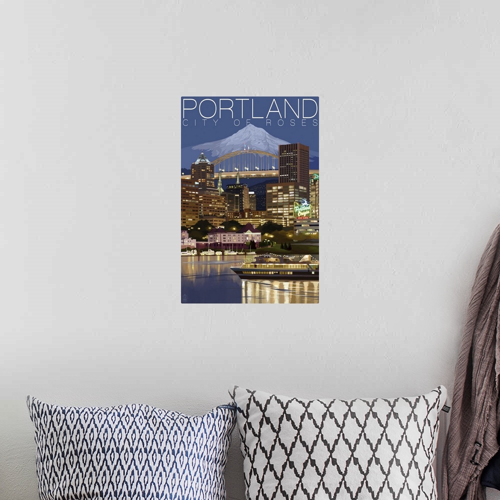 A bohemian room featuring Retro stylized art poster of a city skyline lit up at night. With a mountain in the background.