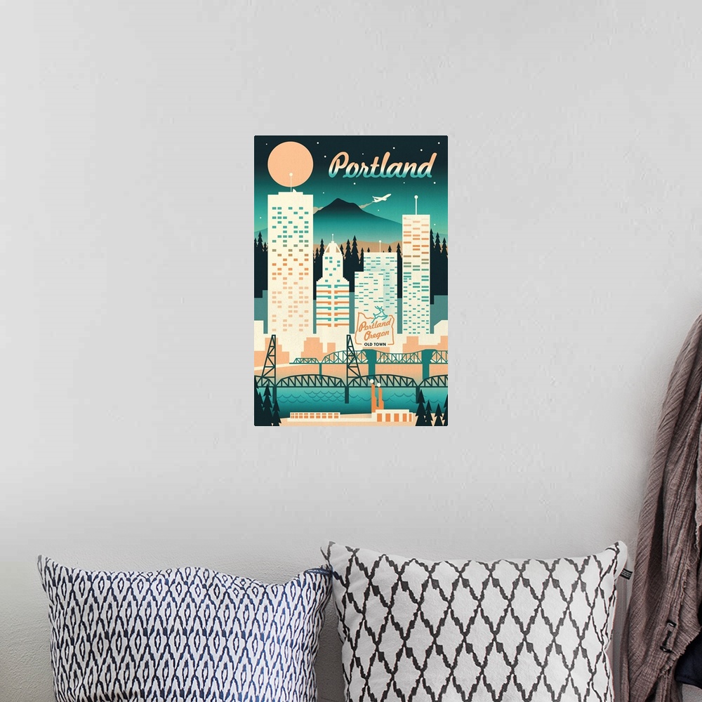 A bohemian room featuring Portland - Retro Skyline Chromatic Series - Turquoise