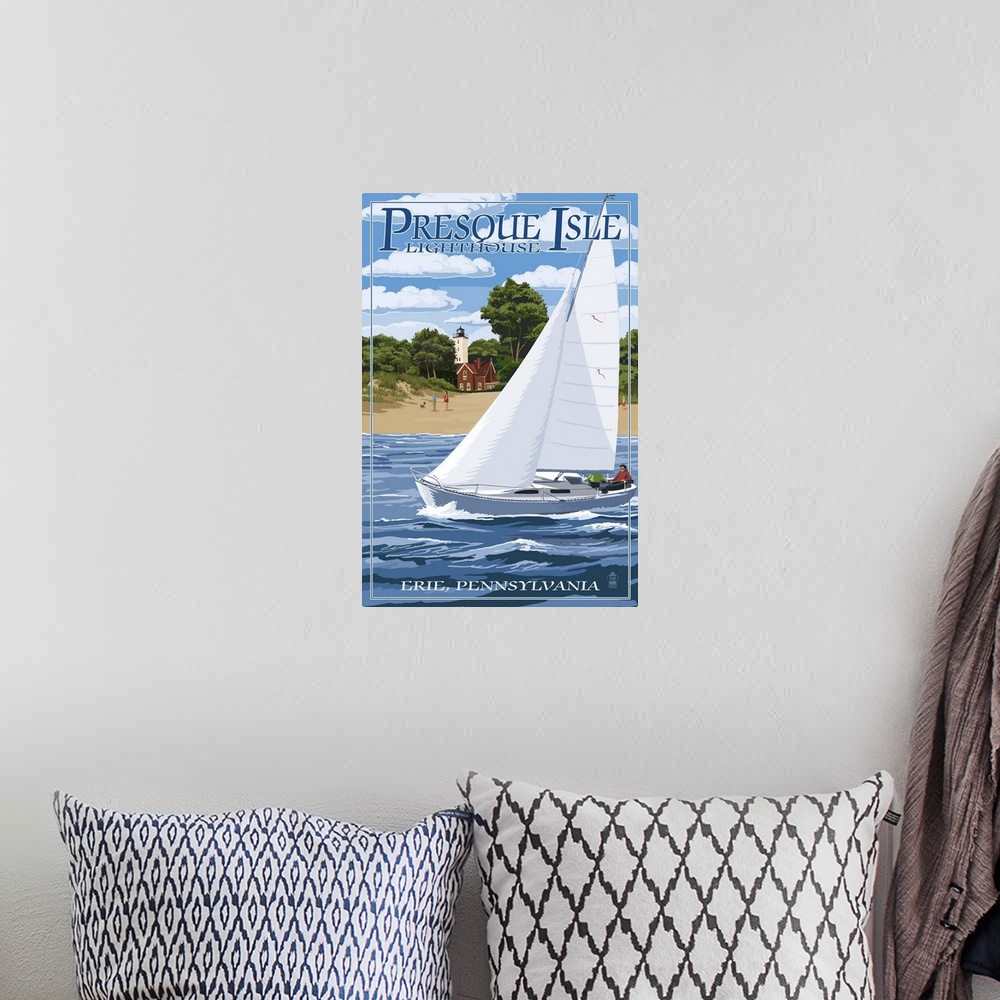 A bohemian room featuring Retro stylized art poster of a sailboat near the shore, with a lighthouse in the background.