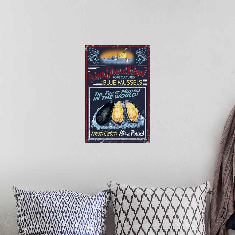 A bohemian room featuring Prince Edward Island - Mussels Vintage Sign