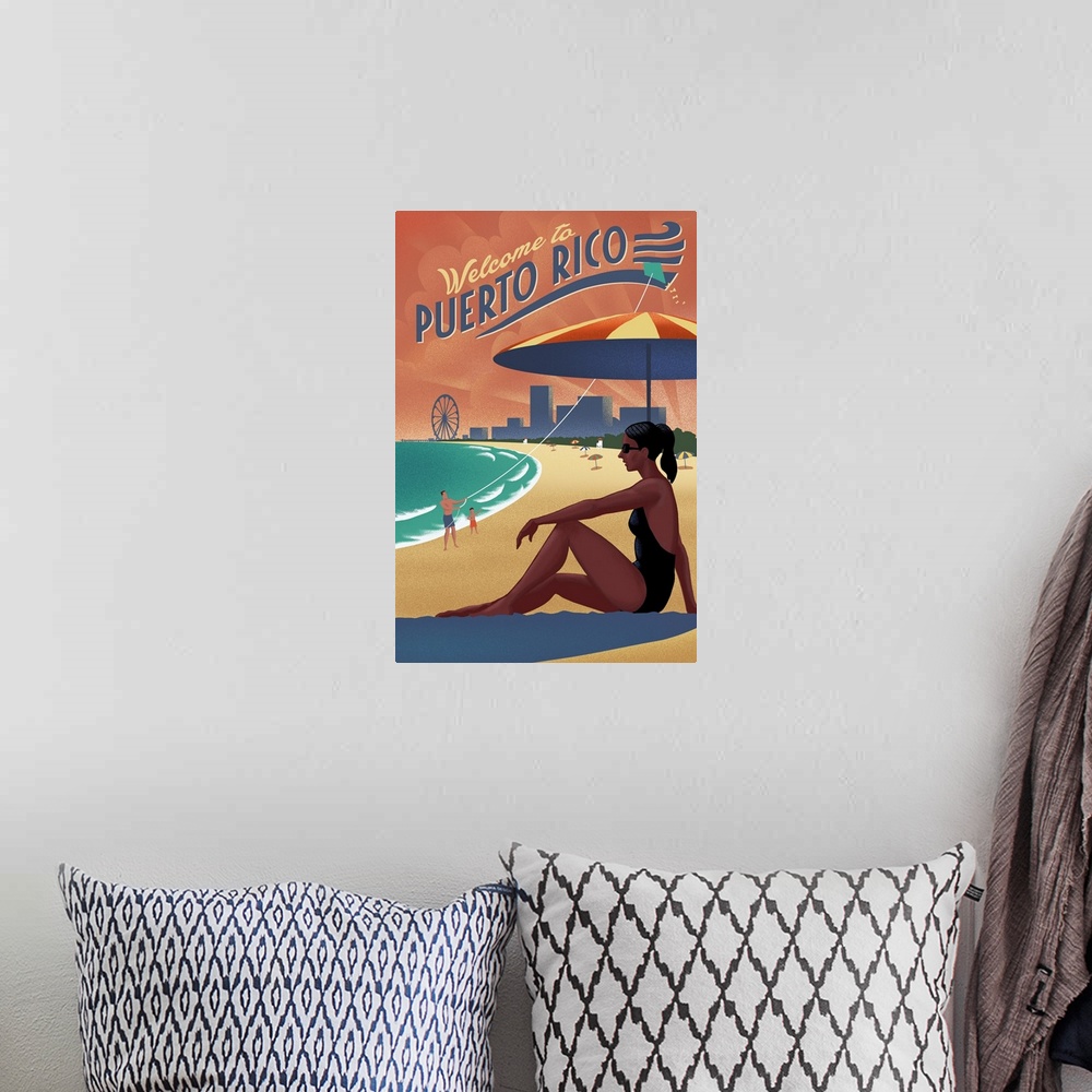 A bohemian room featuring Puerto Rico - Beach Scene - Lithograph