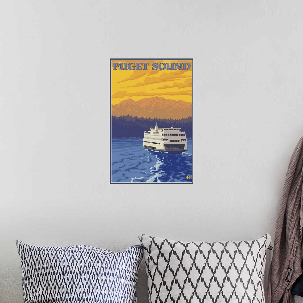 A bohemian room featuring Puget Sound - Ferry and Mountains: Retro Travel Poster