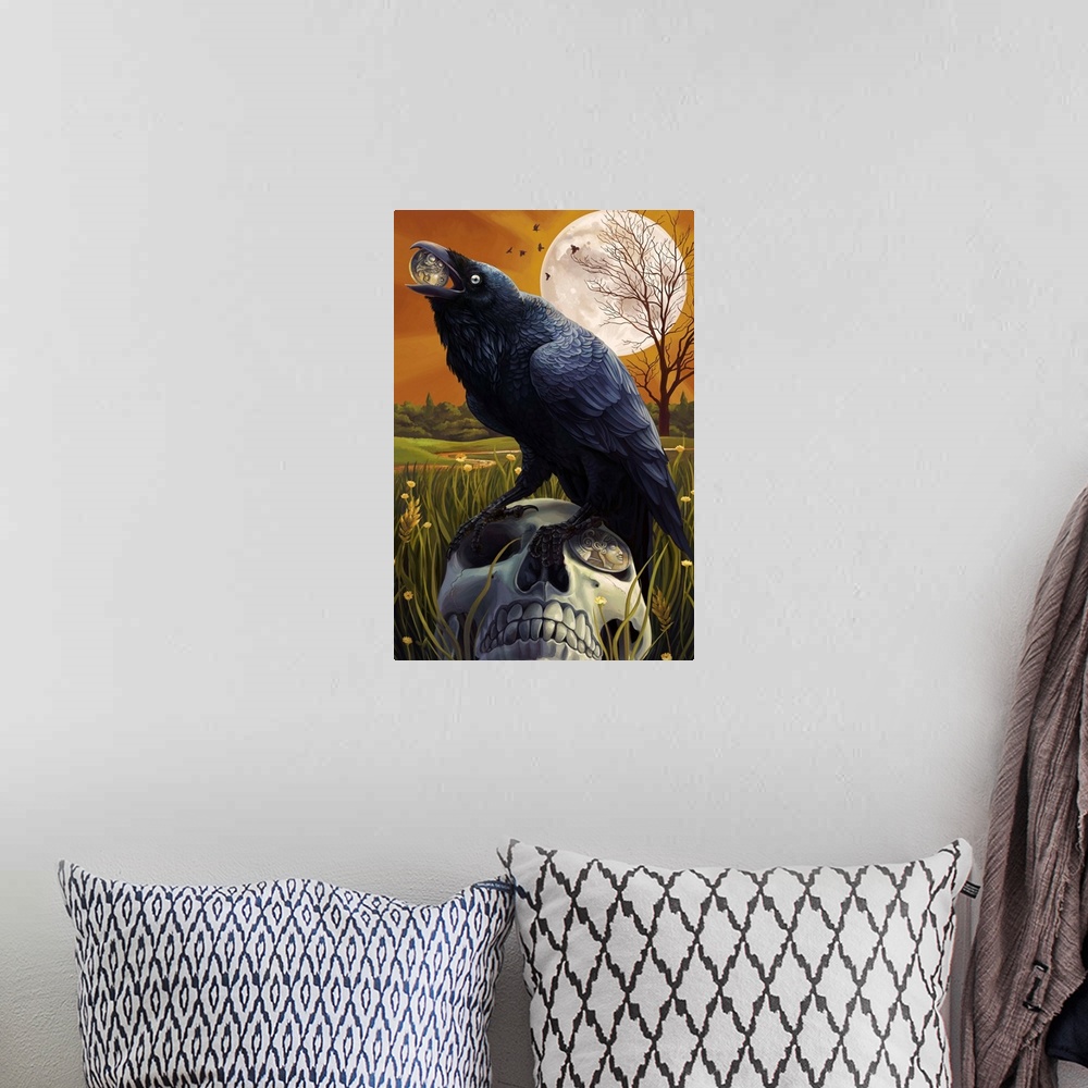A bohemian room featuring Raven and Skull: Retro Travel Poster
