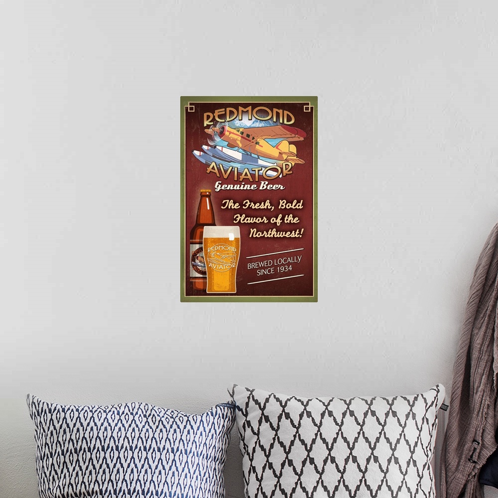 A bohemian room featuring Redmond, Washington - Aviator Beer: Retro Travel Poster