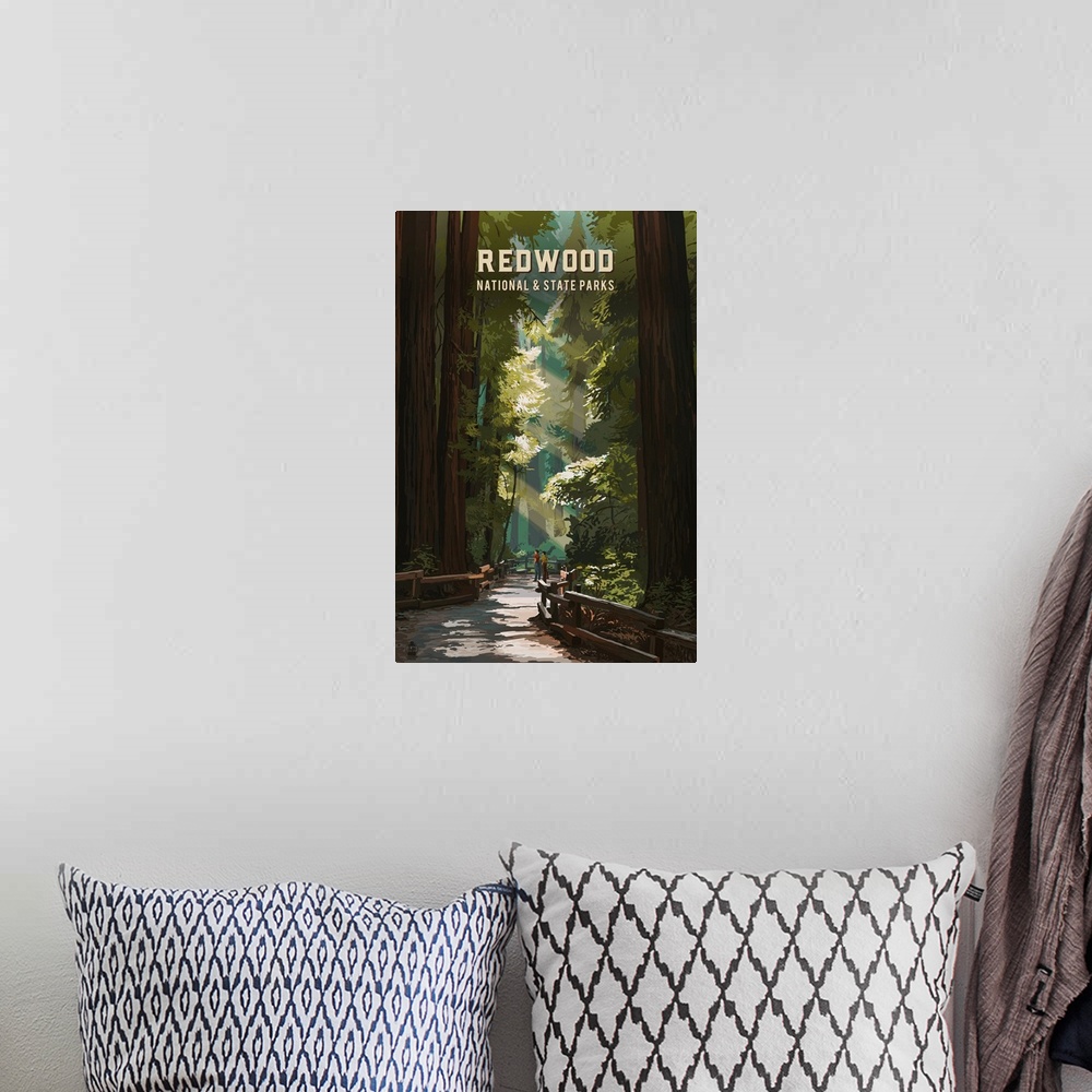 A bohemian room featuring Redwood National Park, Forest: Retro Travel Poster