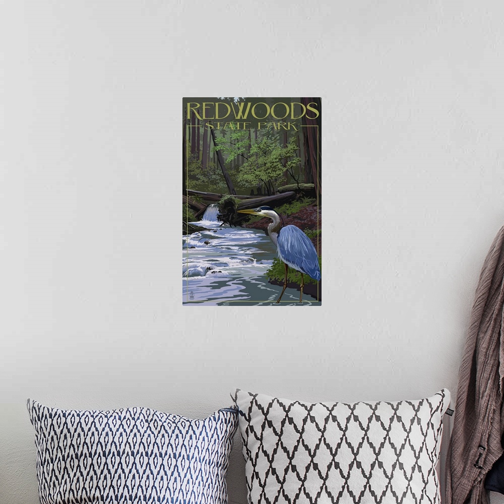 A bohemian room featuring Retro stylized art poster of a blue heron alongside a stream, in a dense forest.