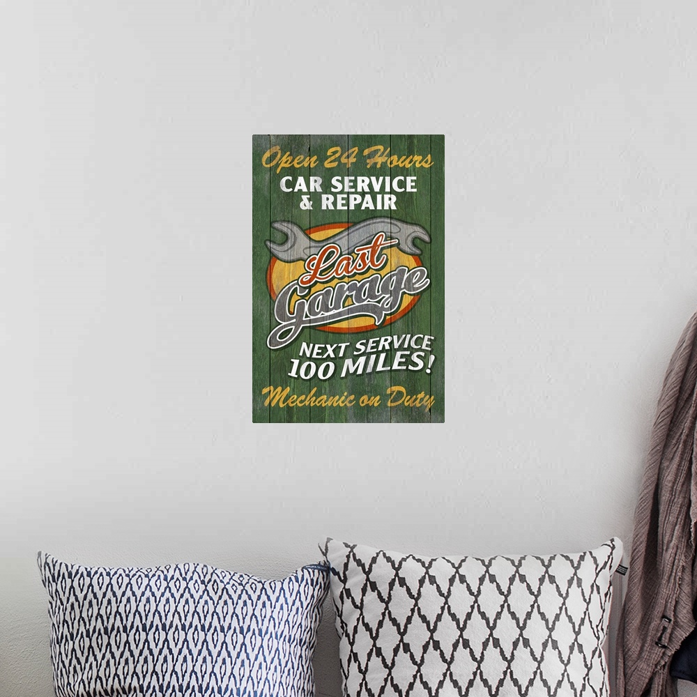 A bohemian room featuring Retro Garage Ad, Vintage Wooden Sign