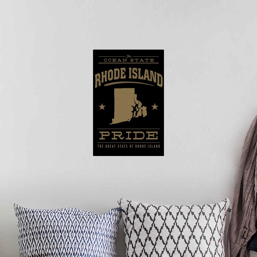 A bohemian room featuring The Rhode Island state outline on black with gold text.