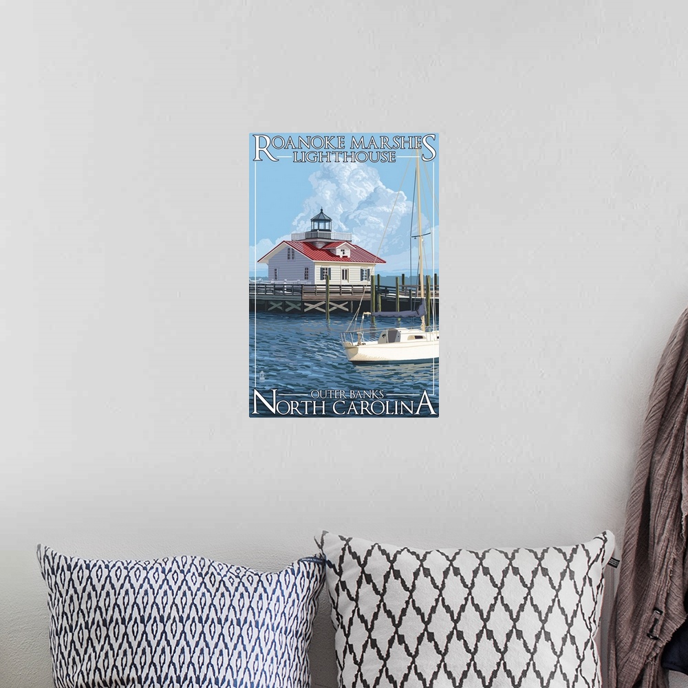 A bohemian room featuring Roanoke Marshes Lighthouse - Outer Banks, North Carolina: Retro Travel Poster