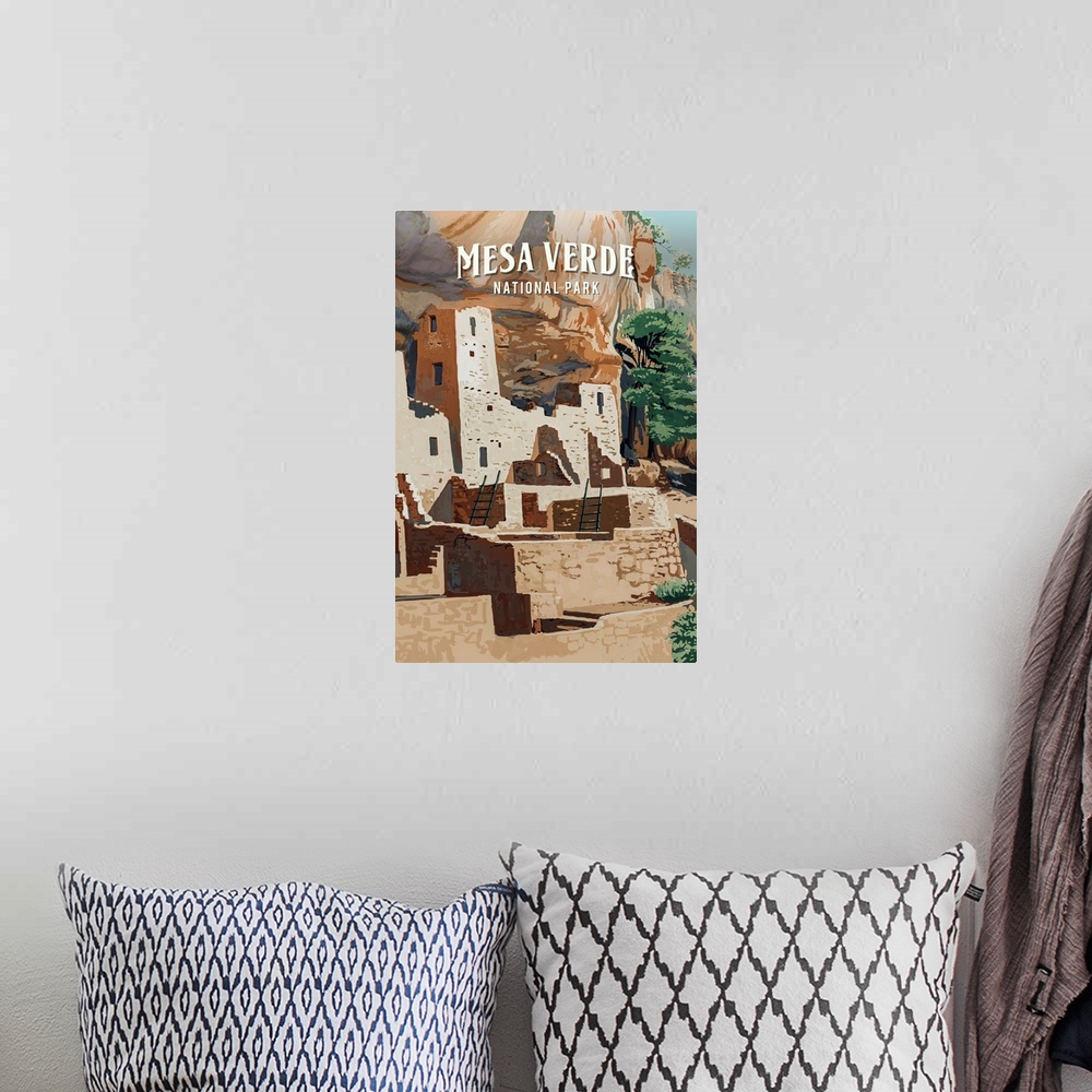 A bohemian room featuring Rocky Mountain National Park, Ancient Cliff Dwellings: Retro Travel Poster