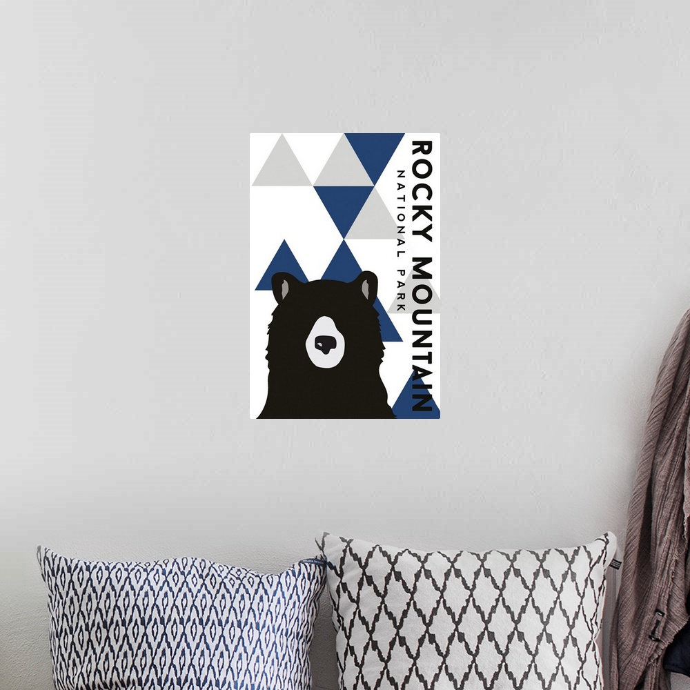A bohemian room featuring Rocky Mountain National Park, Bear Silhouette: Graphic Travel Poster