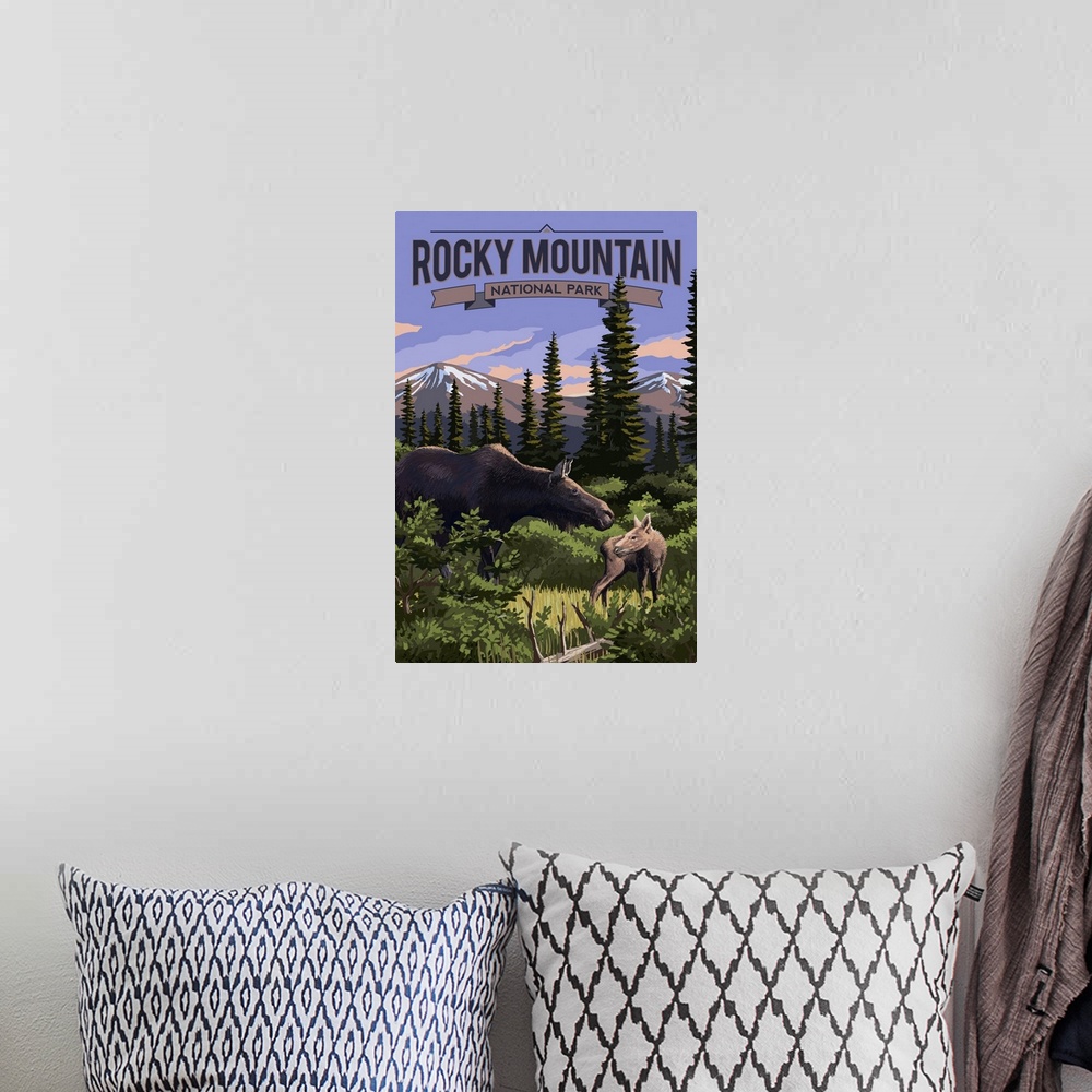 A bohemian room featuring Rocky Mountain National Park, Moose And Calf: Retro Travel Poster