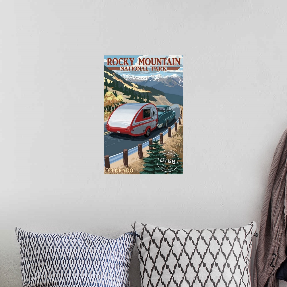 A bohemian room featuring Rocky Mountain National Park, Retro Camper, Rubber Stamp