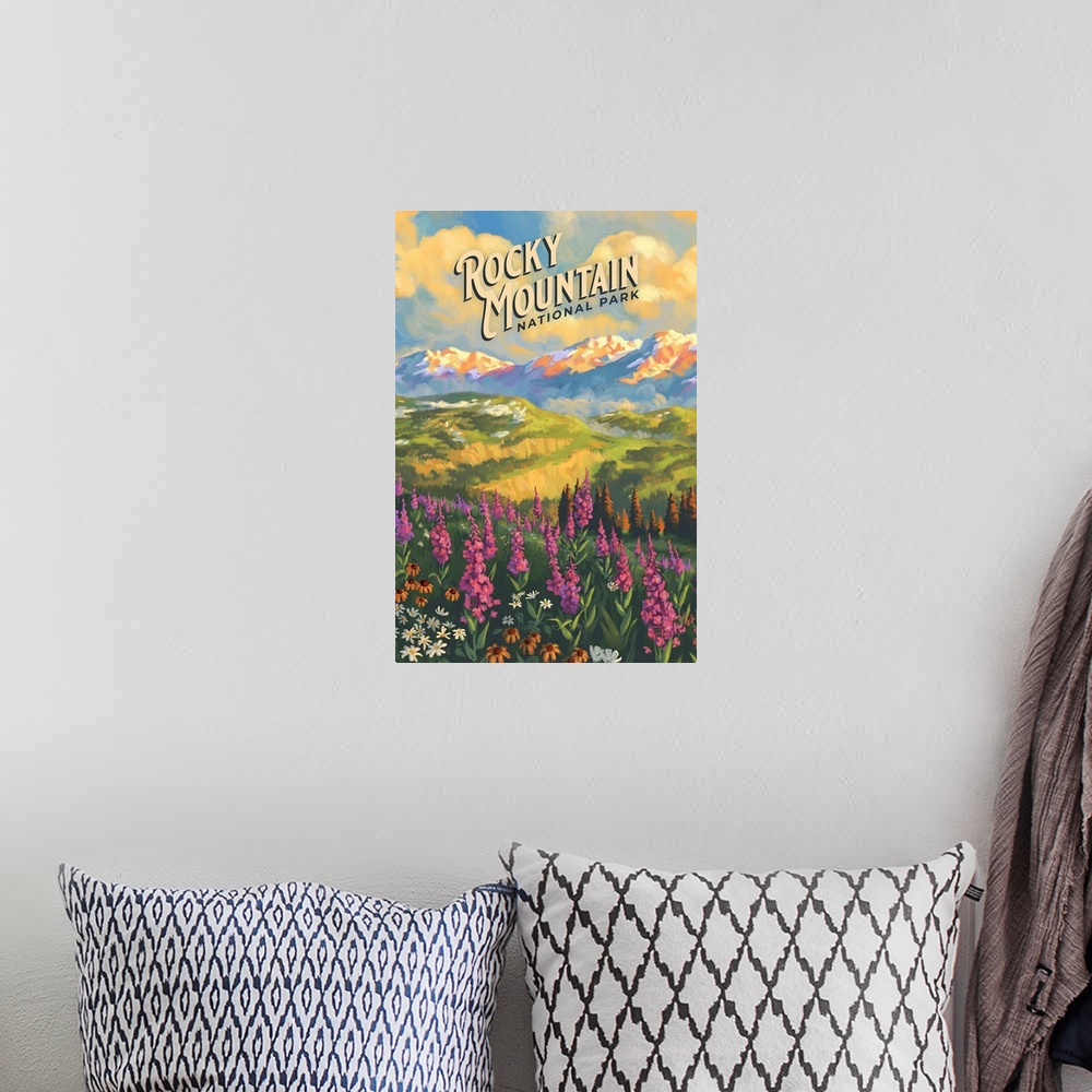 A bohemian room featuring Rocky Mountain National Park, Wildflowers: Retro Travel Poster