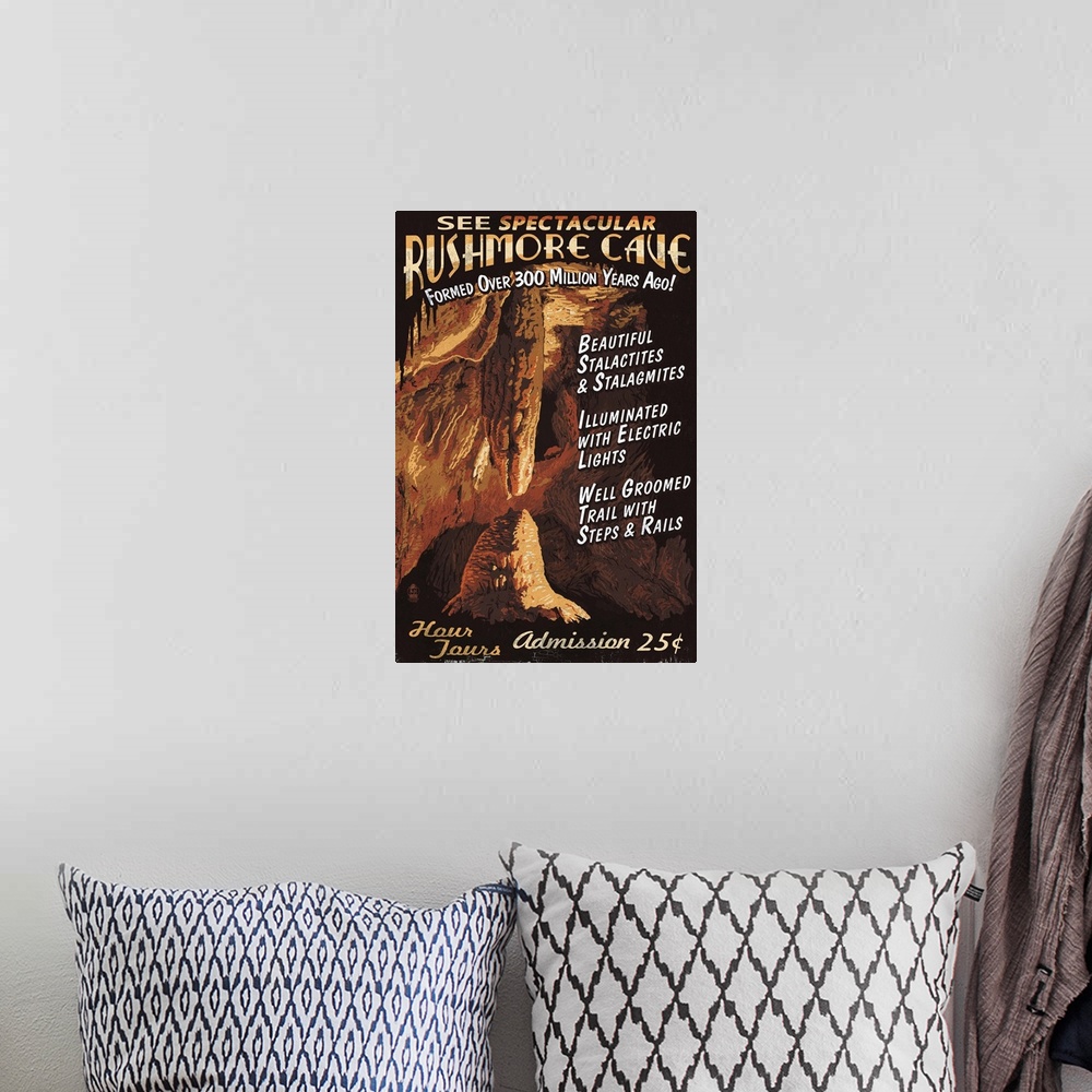 A bohemian room featuring Rushmore Cave - Keystone, South Dakota - Vintage Sign: Retro Travel Poster