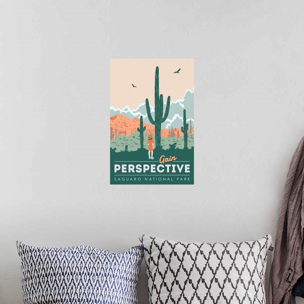 A bohemian room featuring Saguaro National Park, Gain Perspective: Graphic Travel Poster