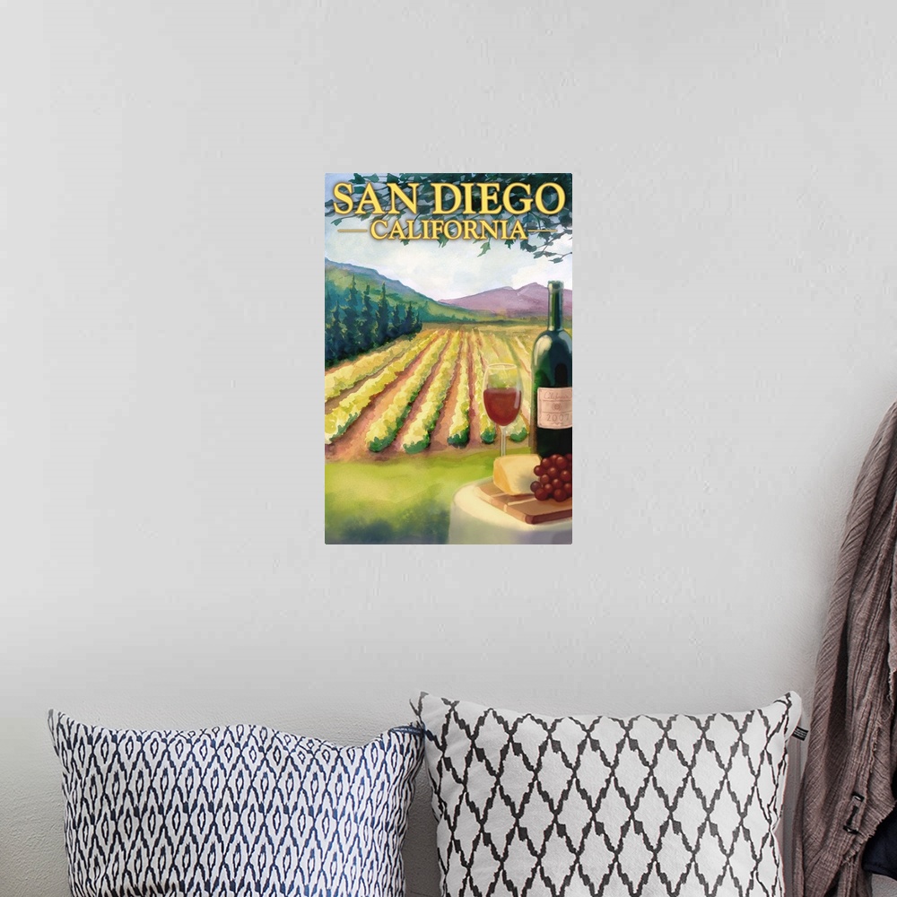 A bohemian room featuring San Diego, California - Wine Country: Retro Travel Poster