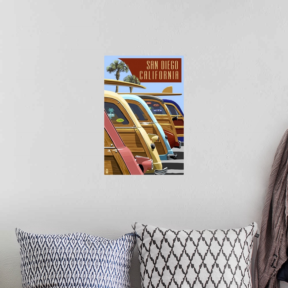 A bohemian room featuring San Diego, California - Woodies Lined Up: Retro Travel Poster