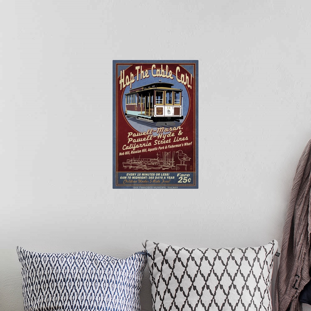 A bohemian room featuring San Francisco, California - Cable Car Vintage Sign: Retro Travel Poster