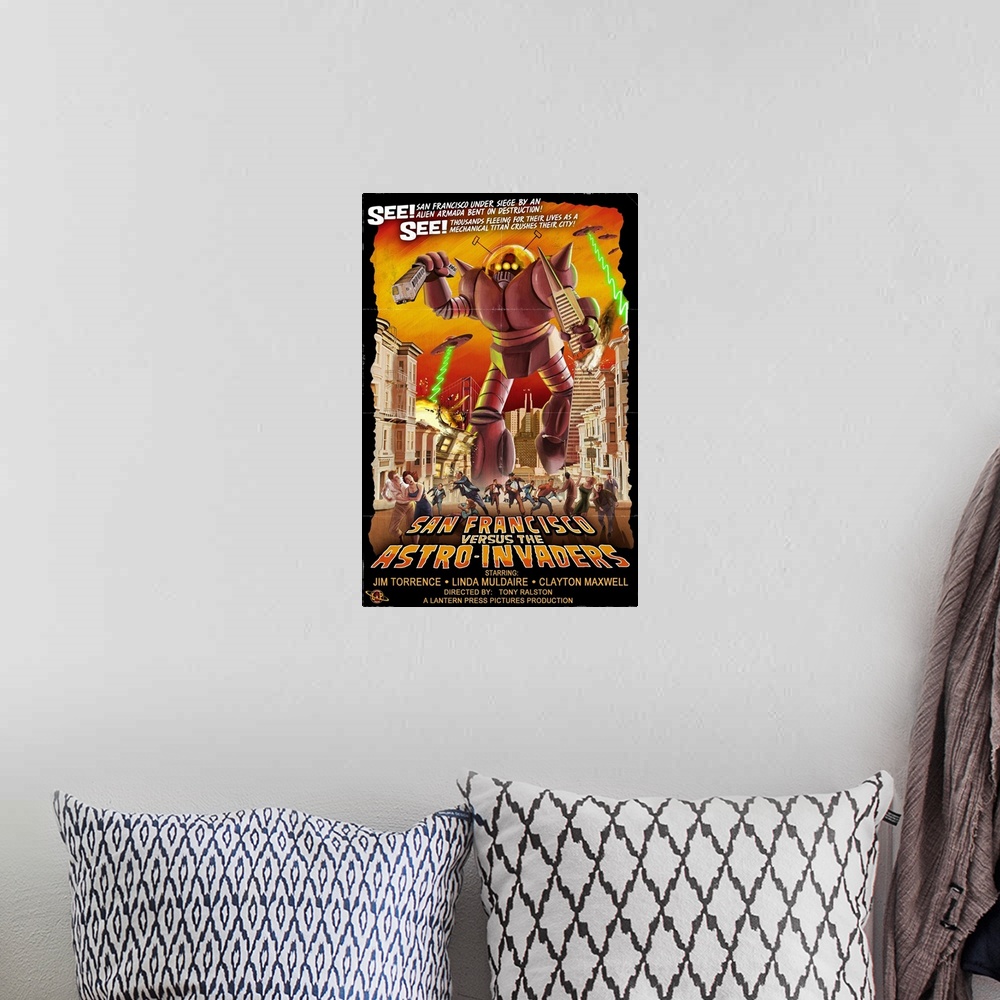 A bohemian room featuring Retro stylized art poster of an alien robot invader wreaking havoc on a city.