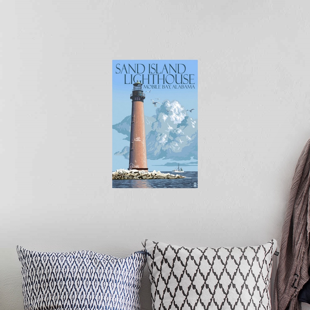 A bohemian room featuring Sand Island Lighthouse - Mobile Bay, Alabama: Retro Travel Poster