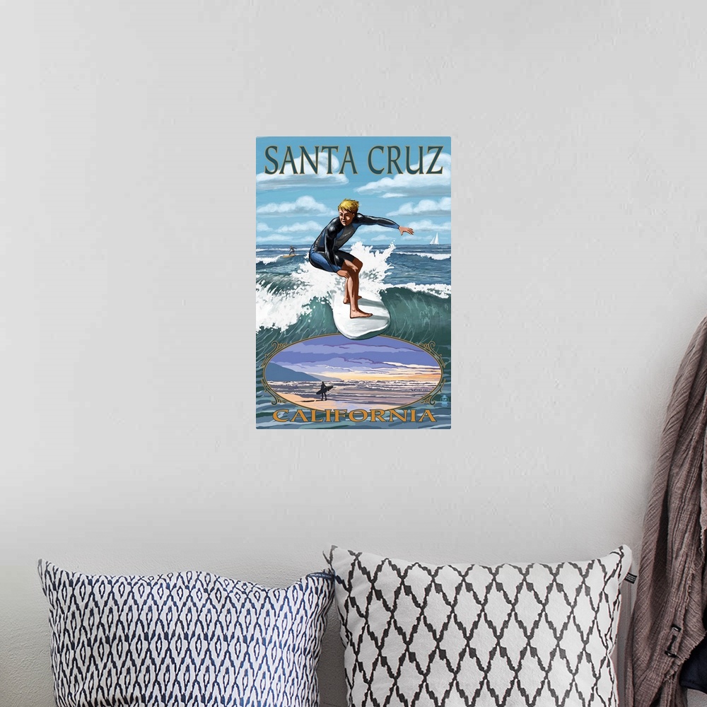 A bohemian room featuring Retro stylized art poster of a surfer riding a wave. With a vignette of a surfer walking along th...