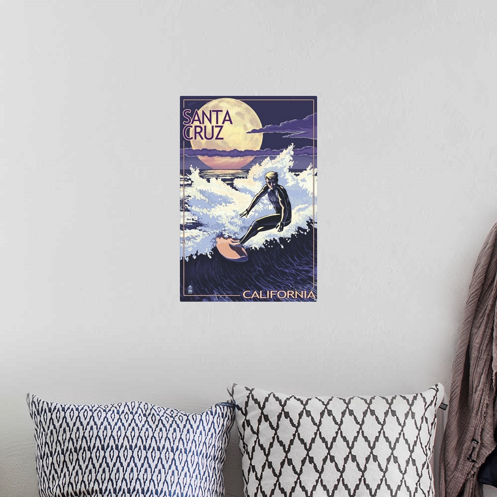 A bohemian room featuring Retro stylized art poster of a surfer riding a wave at night, with a giant moon in the sky.