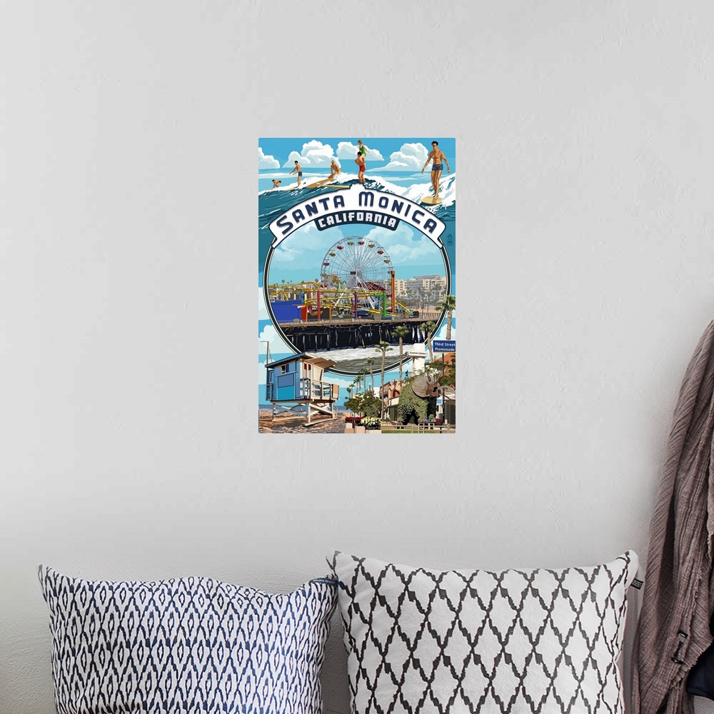 A bohemian room featuring Santa Monica, California - Montage Scenes: Retro Travel Poster