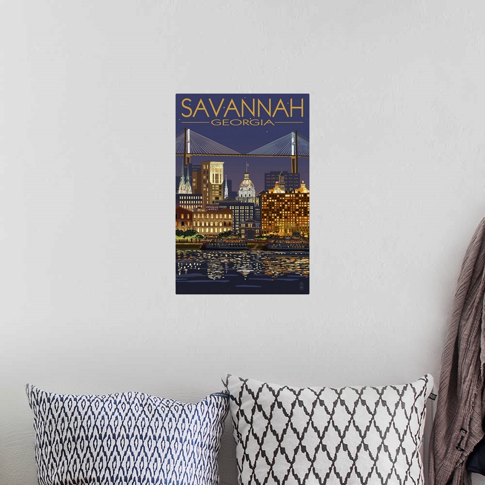 A bohemian room featuring Savannah, Georgia at Night: Retro Travel Poster