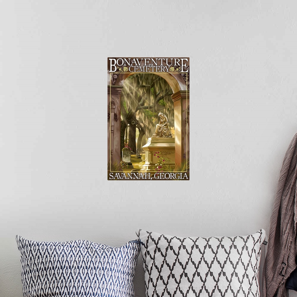 A bohemian room featuring Retro stylized art poster of a cemetery with a golden statue.