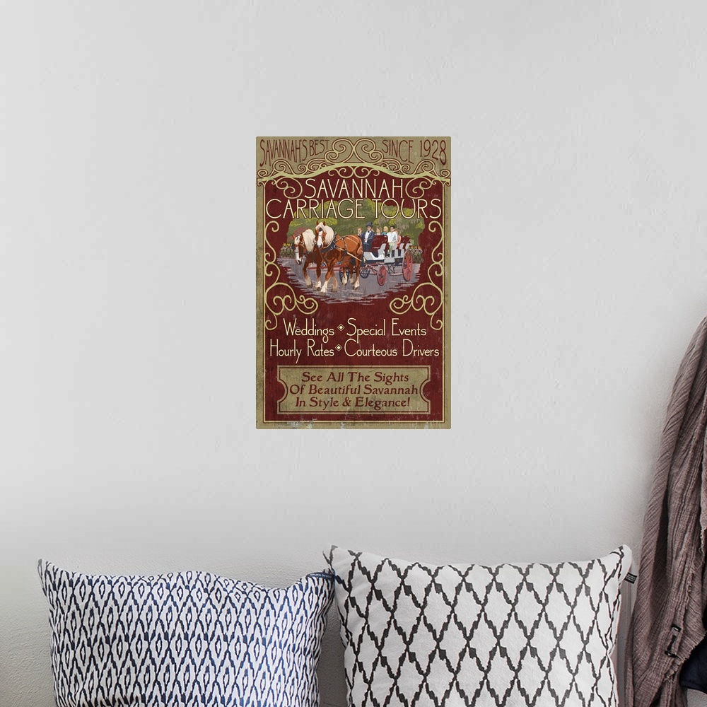A bohemian room featuring Retro stylized art poster of vintage sign for carriage tours, with a horse drawn carriage.