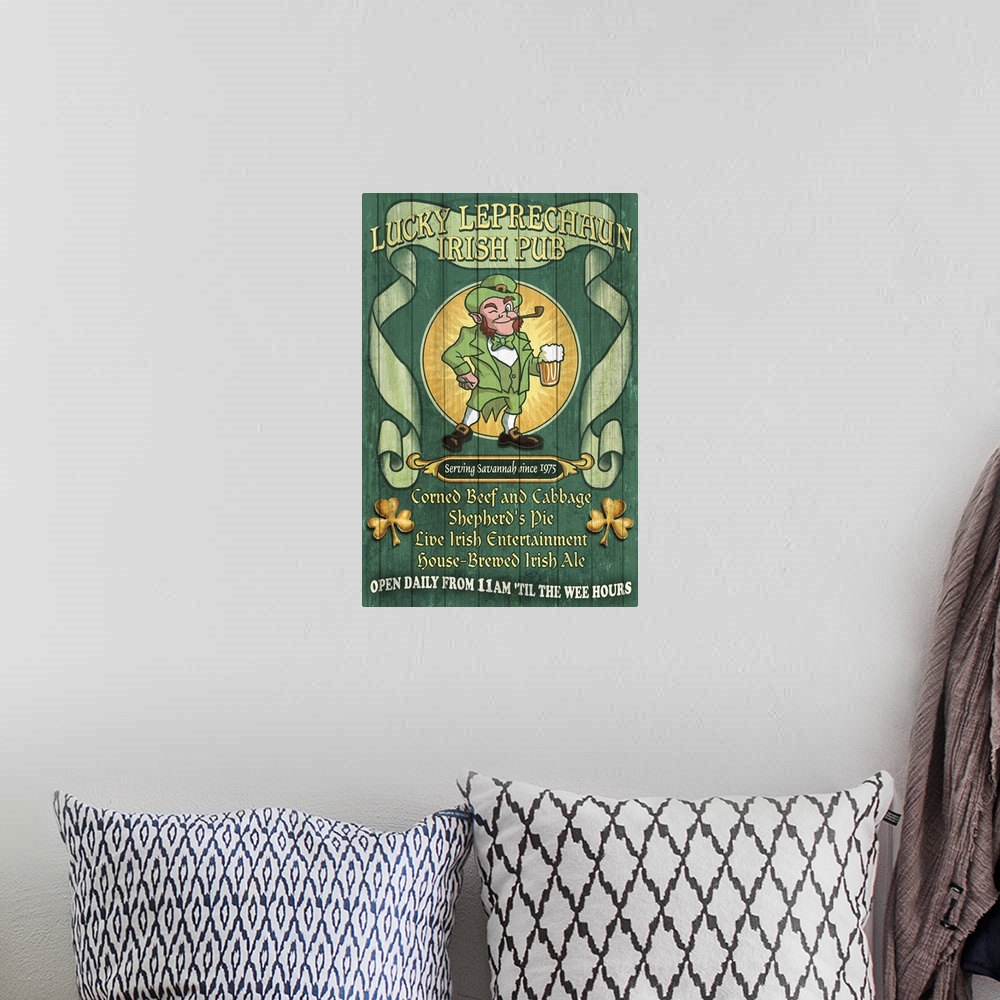 A bohemian room featuring Savannah, Georgia - Leprechaun Irish Pub Vintage Sign: Retro Travel Poster