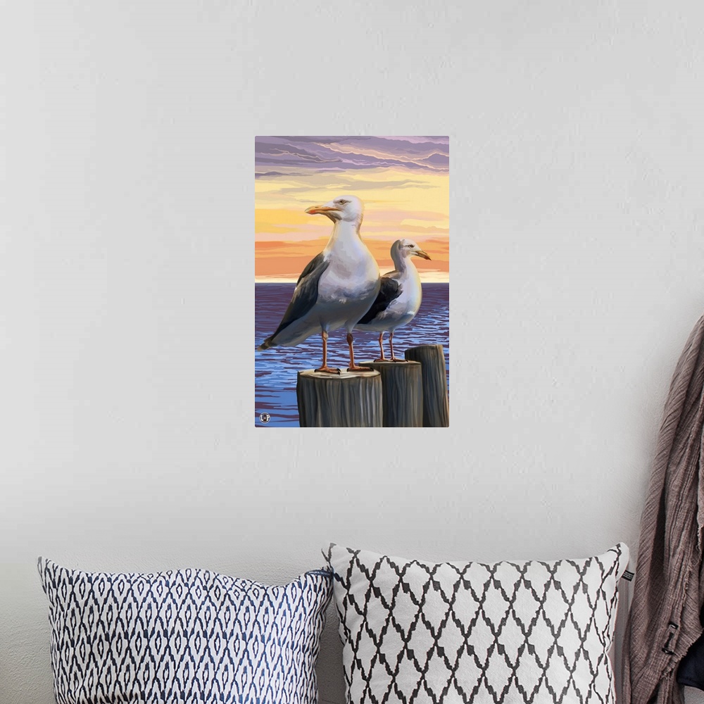 A bohemian room featuring Retro stylized art poster of two seagulls perched on wooden poles.