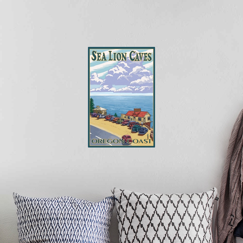 A bohemian room featuring Sea Lion Caves - Oregon Coast: Retro Travel Poster