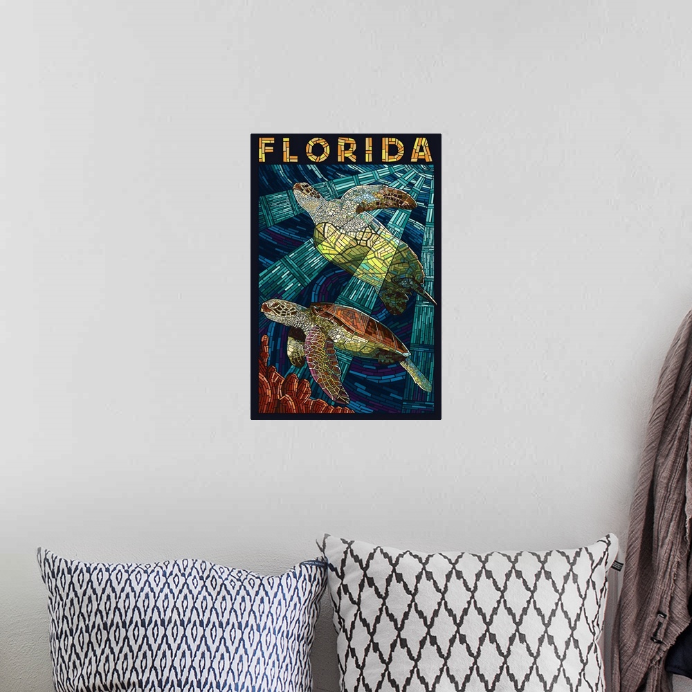 A bohemian room featuring Sea Turtle Paper Mosaic - Florida: Retro Travel Poster