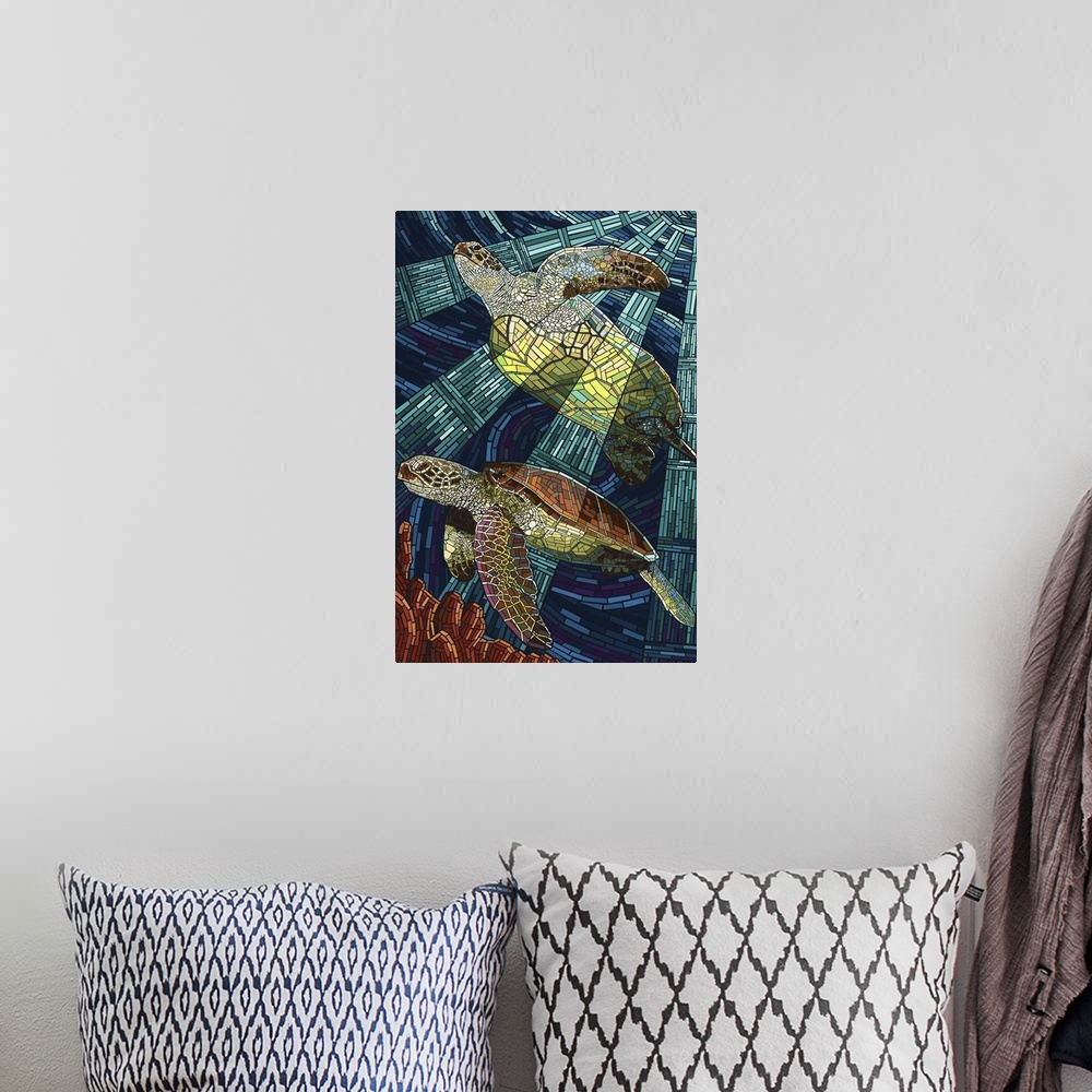 A bohemian room featuring Sea Turtle - Paper Mosaic: Retro Travel Poster