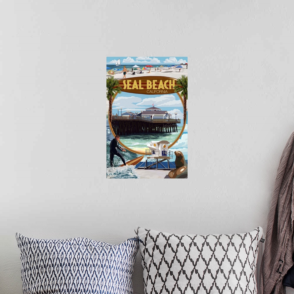 A bohemian room featuring Seal Beach, California - Montage Scenes: Retro Travel Poster