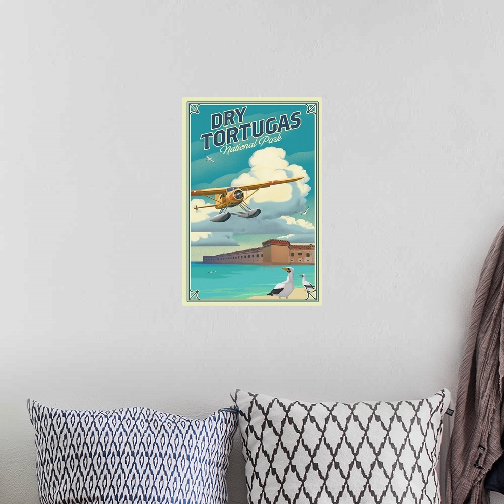 A bohemian room featuring Seaplane Flying In Dry Tortugas National Park: Retro Travel Poster