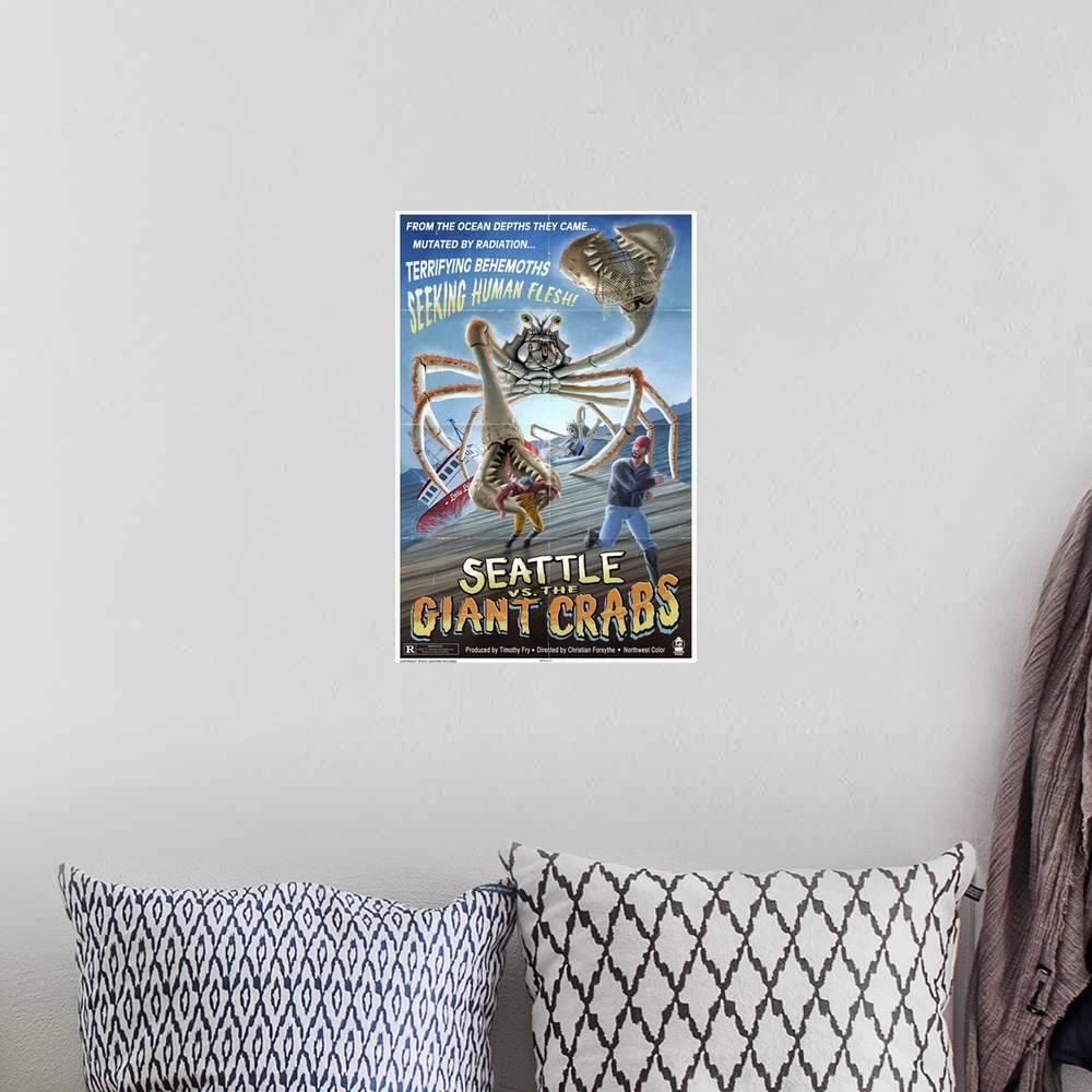 A bohemian room featuring Retro stylized art poster of a giant monster crustacean attacking two fisherman on a dock.