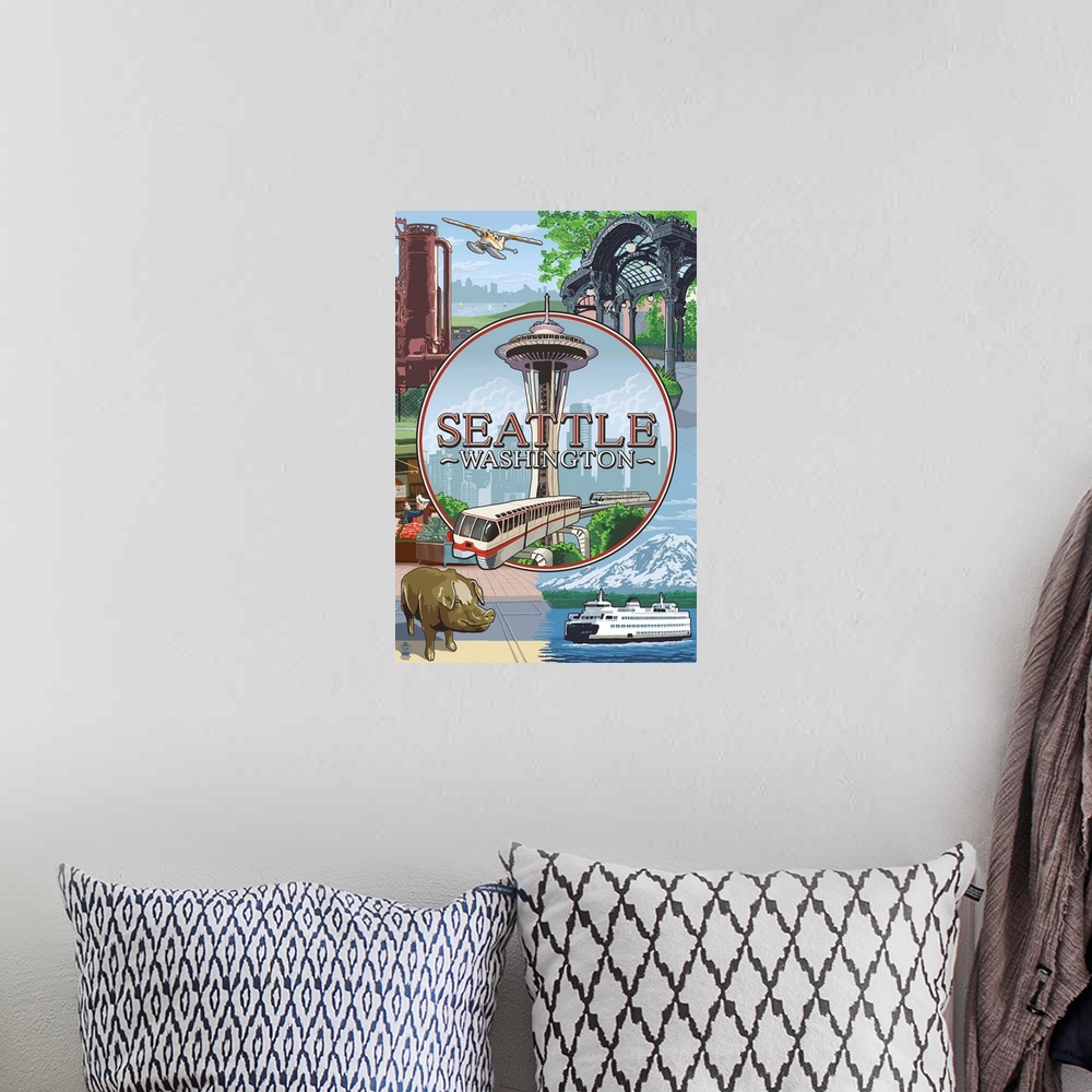 A bohemian room featuring Seattle, WA Scenes Montage: Retro Travel Poster