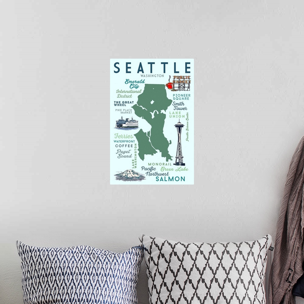 A bohemian room featuring Seattle, Washington - Typography & Icons