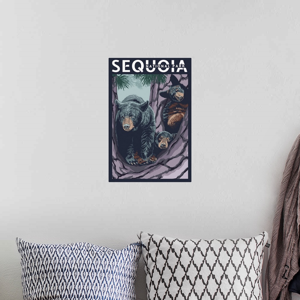 A bohemian room featuring Sequoia National Park, Bears And Cubs In Tree: Retro Travel Poster