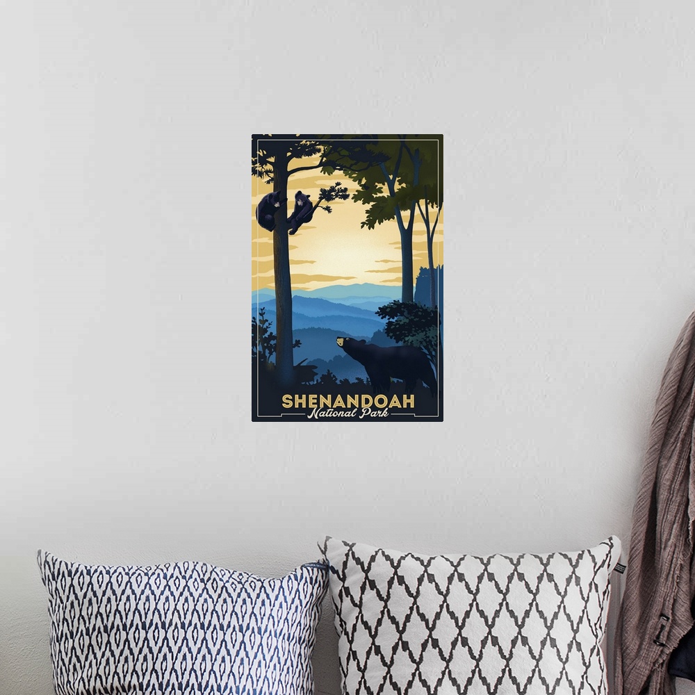 A bohemian room featuring Shenandoah National Park, Bear With Cubs: Retro Travel Poster