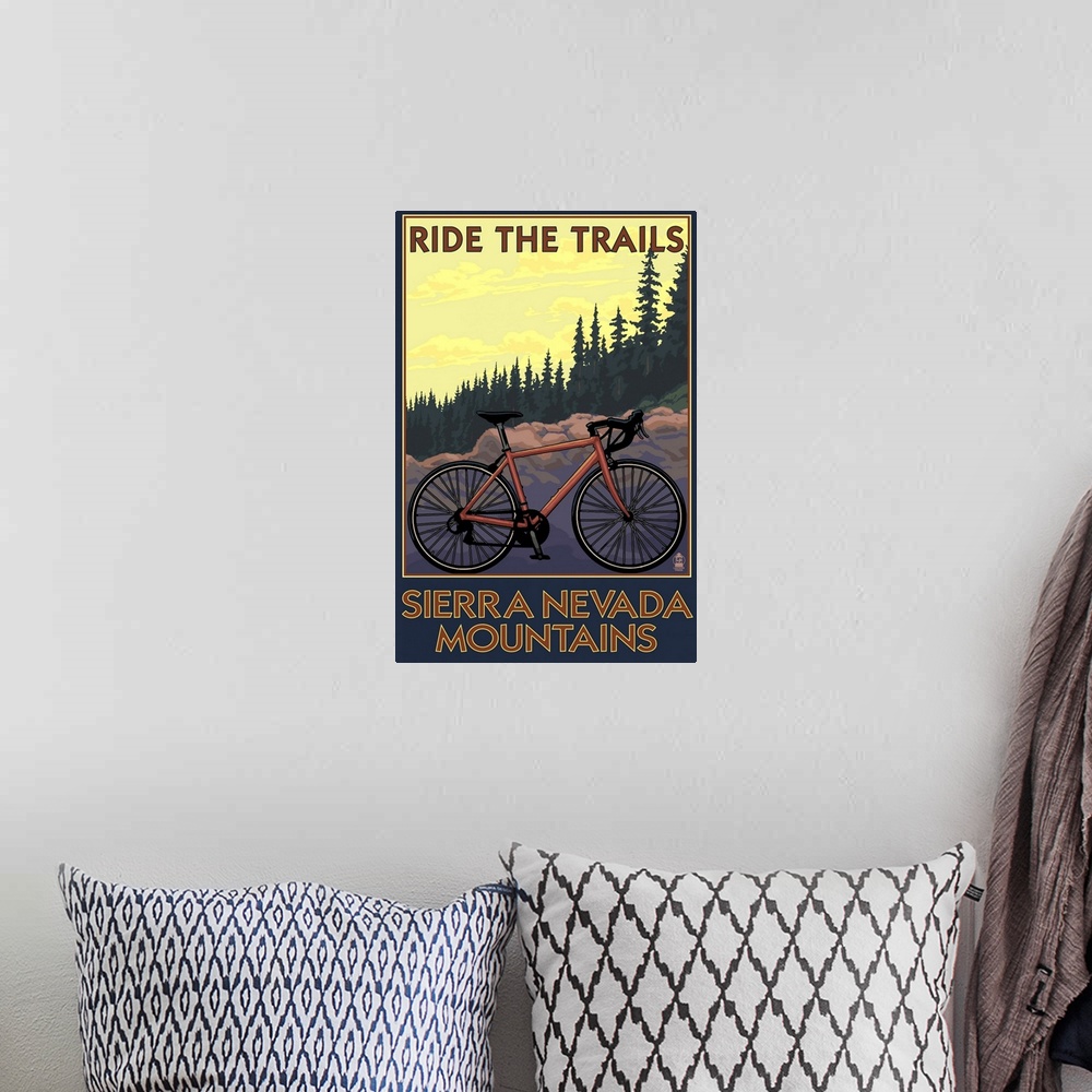 A bohemian room featuring Sierra Nevada Mountains, California - Bicycle on Trails: Retro Travel Poster