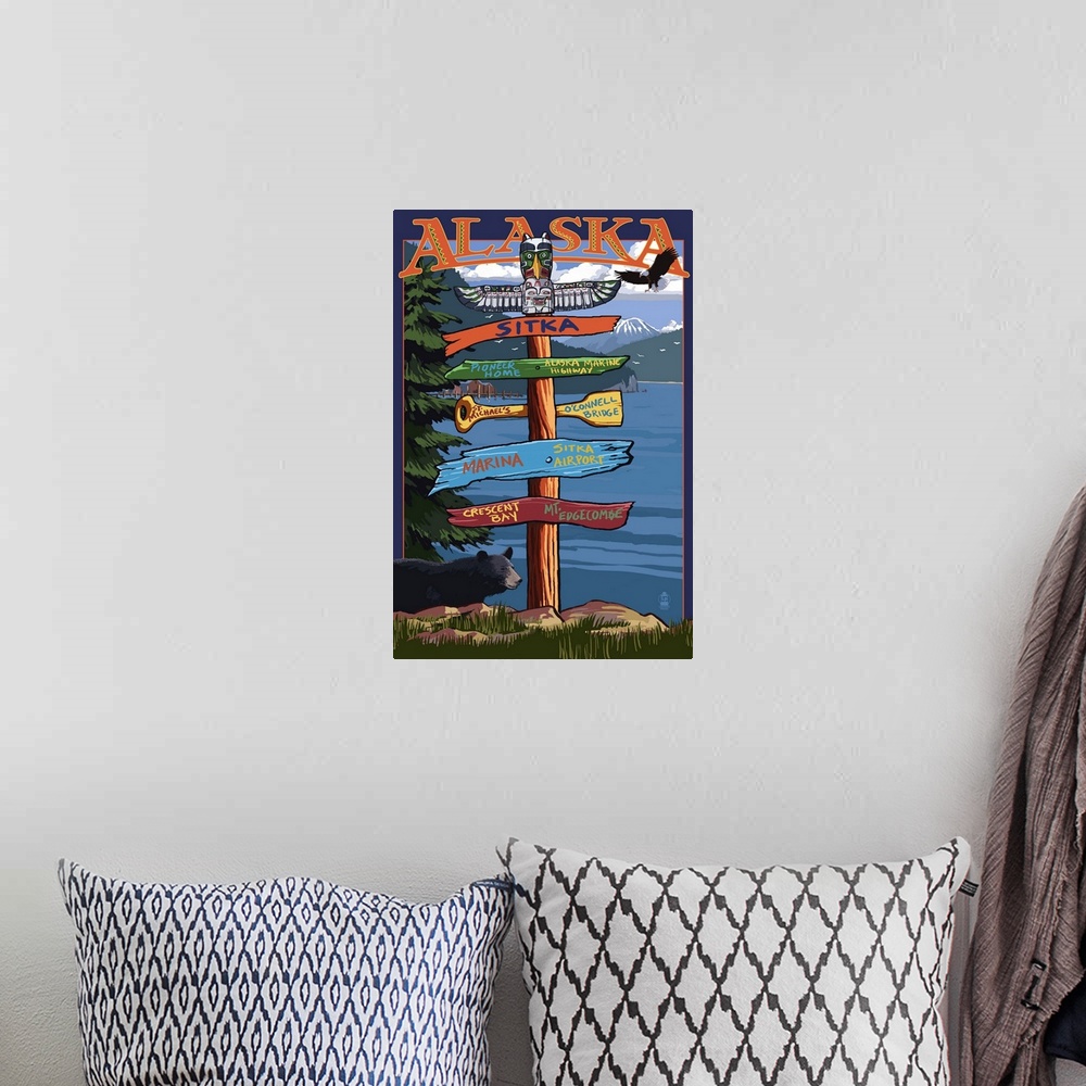 A bohemian room featuring Sitka, Alaska - Destination Sign: Retro Travel Poster